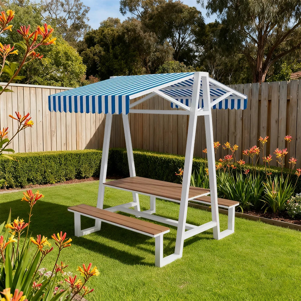 SOLARA Outdoor Canopy Table Set 120/160/200cm Waterproof Sunproof Thick Canopy Metal Frame High-Temp Coated Anti-Rust Stability - White&Blue