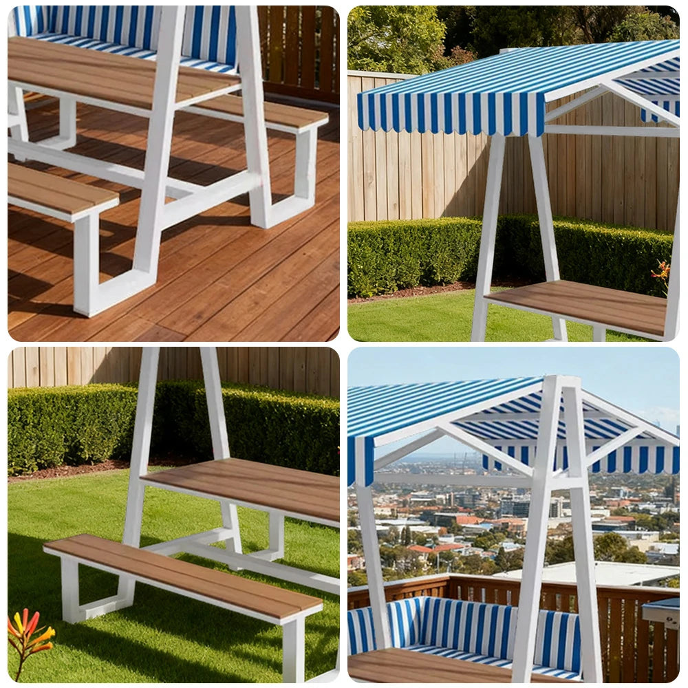 SOLARA Outdoor Canopy Table Set 120/160/200cm Waterproof Sunproof Thick Canopy Metal Frame High-Temp Coated Anti-Rust Stability - White&Blue