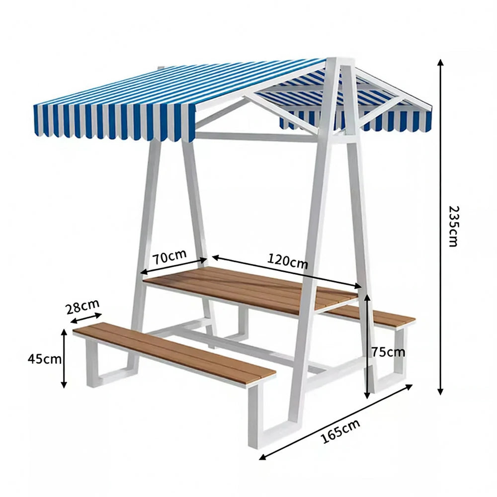 SOLARA Outdoor Canopy Table Set 120/160/200cm Waterproof Sunproof Thick Canopy Metal Frame High-Temp Coated Anti-Rust Stability - White&Blue