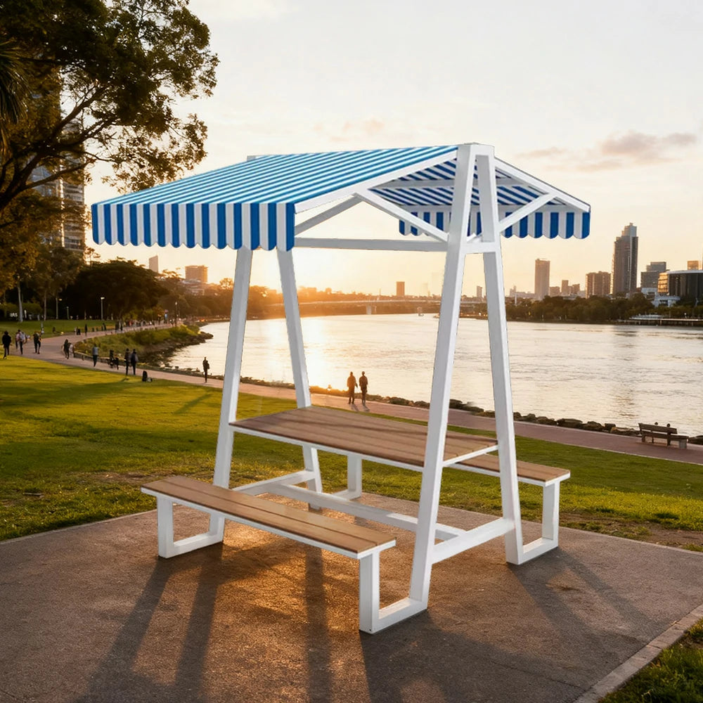 SOLARA Outdoor Canopy Table Set 120/160/200cm Waterproof Sunproof Thick Canopy Metal Frame High-Temp Coated Anti-Rust Stability - White&Blue