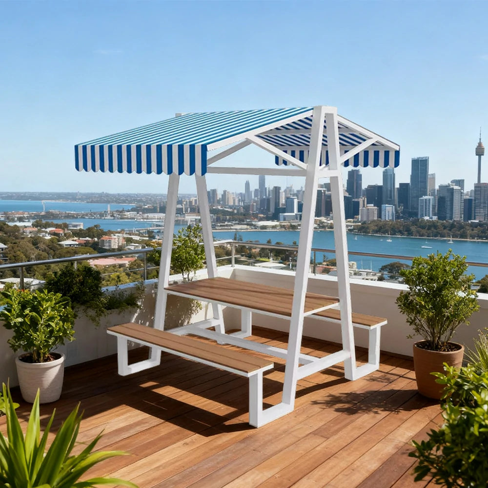 SOLARA Outdoor Canopy Table Set 120/160/200cm Waterproof Sunproof Thick Canopy Metal Frame High-Temp Coated Anti-Rust Stability - White&Blue