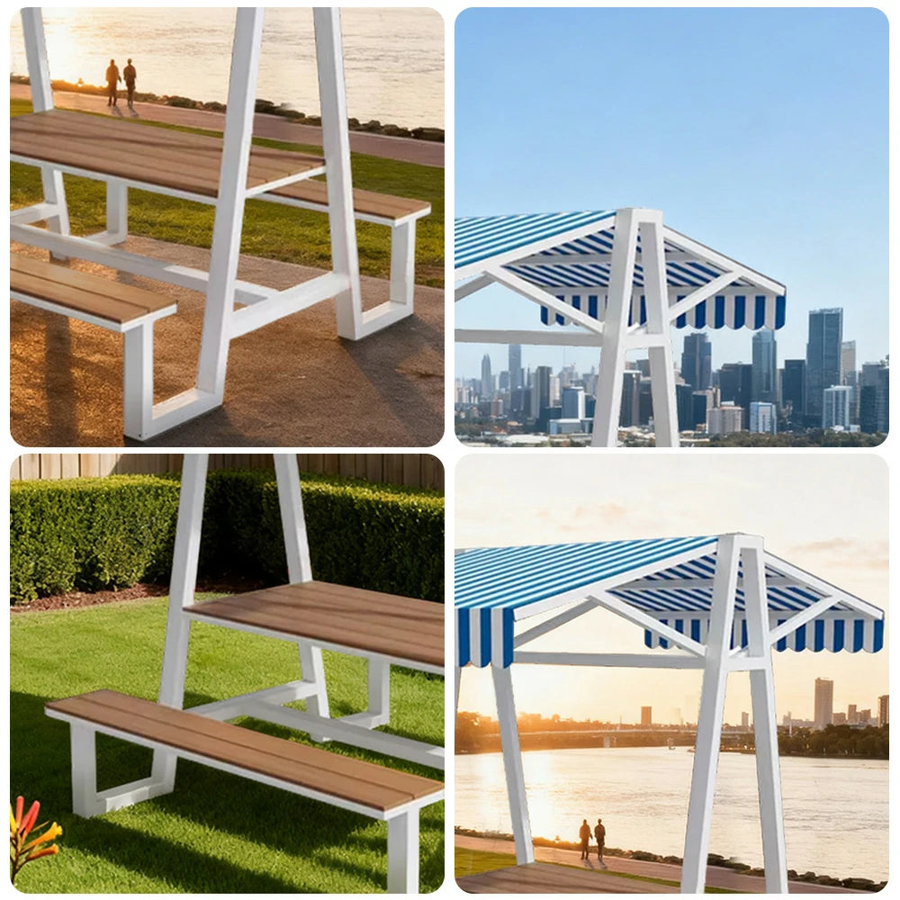 SOLARA Outdoor Canopy Table Set 120/160/200cm Waterproof Sunproof Thick Canopy Metal Frame High-Temp Coated Anti-Rust Stability - White&Blue
