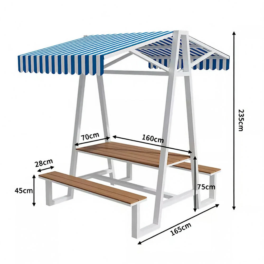 SOLARA Outdoor Canopy Table Set 120/160/200cm Waterproof Sunproof Thick Canopy Metal Frame High-Temp Coated Anti-Rust Stability - White&Blue