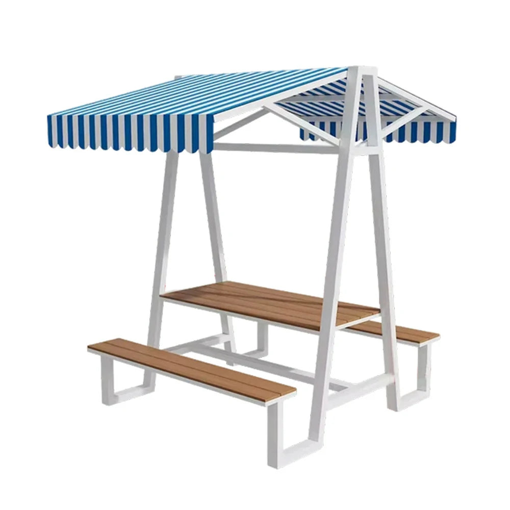 SOLARA Outdoor Canopy Table Set 120/160/200cm Waterproof Sunproof Thick Canopy Metal Frame High-Temp Coated Anti-Rust Stability - White&Blue
