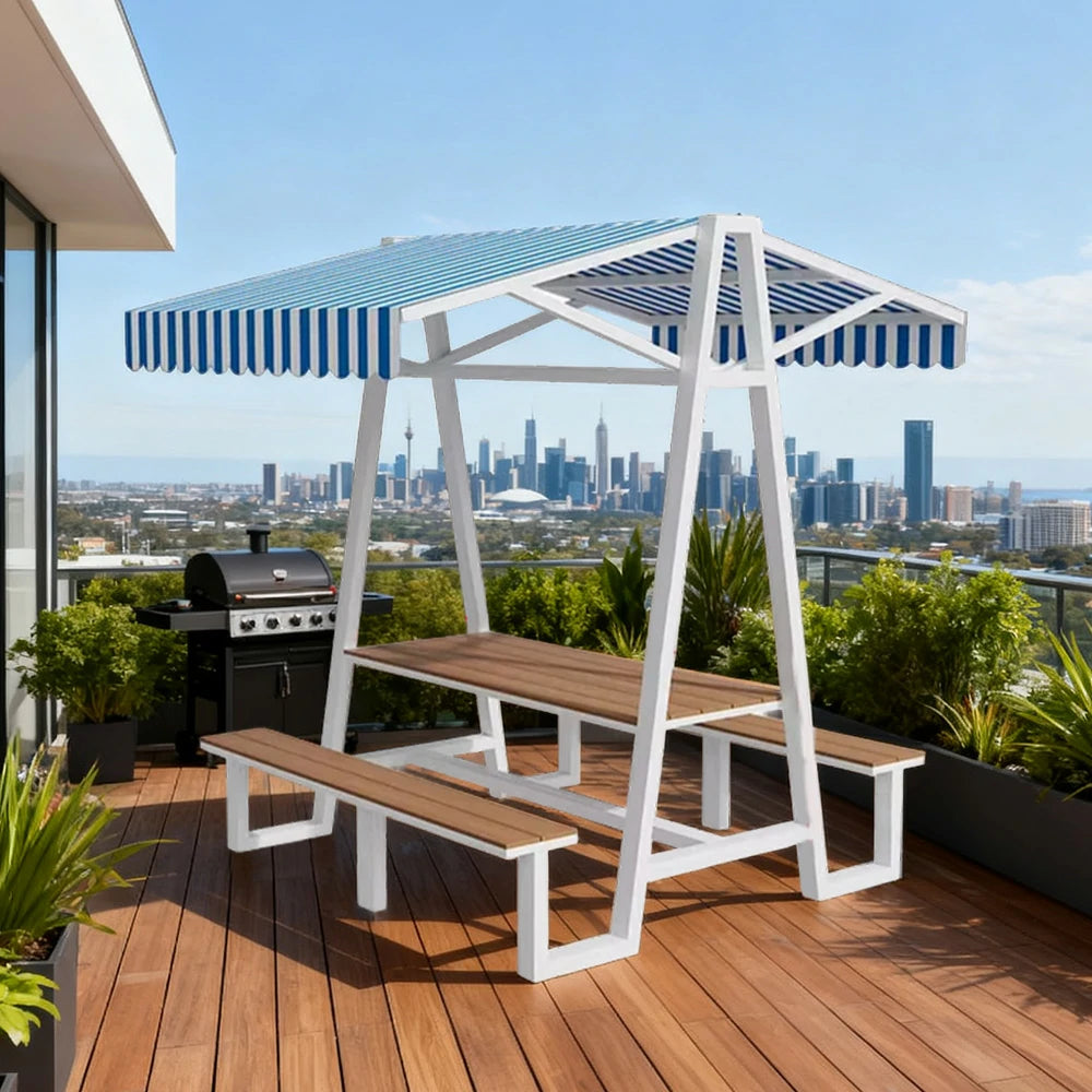 SOLARA Outdoor Canopy Table Set 120/160/200cm Waterproof Sunproof Thick Canopy Metal Frame High-Temp Coated Anti-Rust Stability - White&Blue