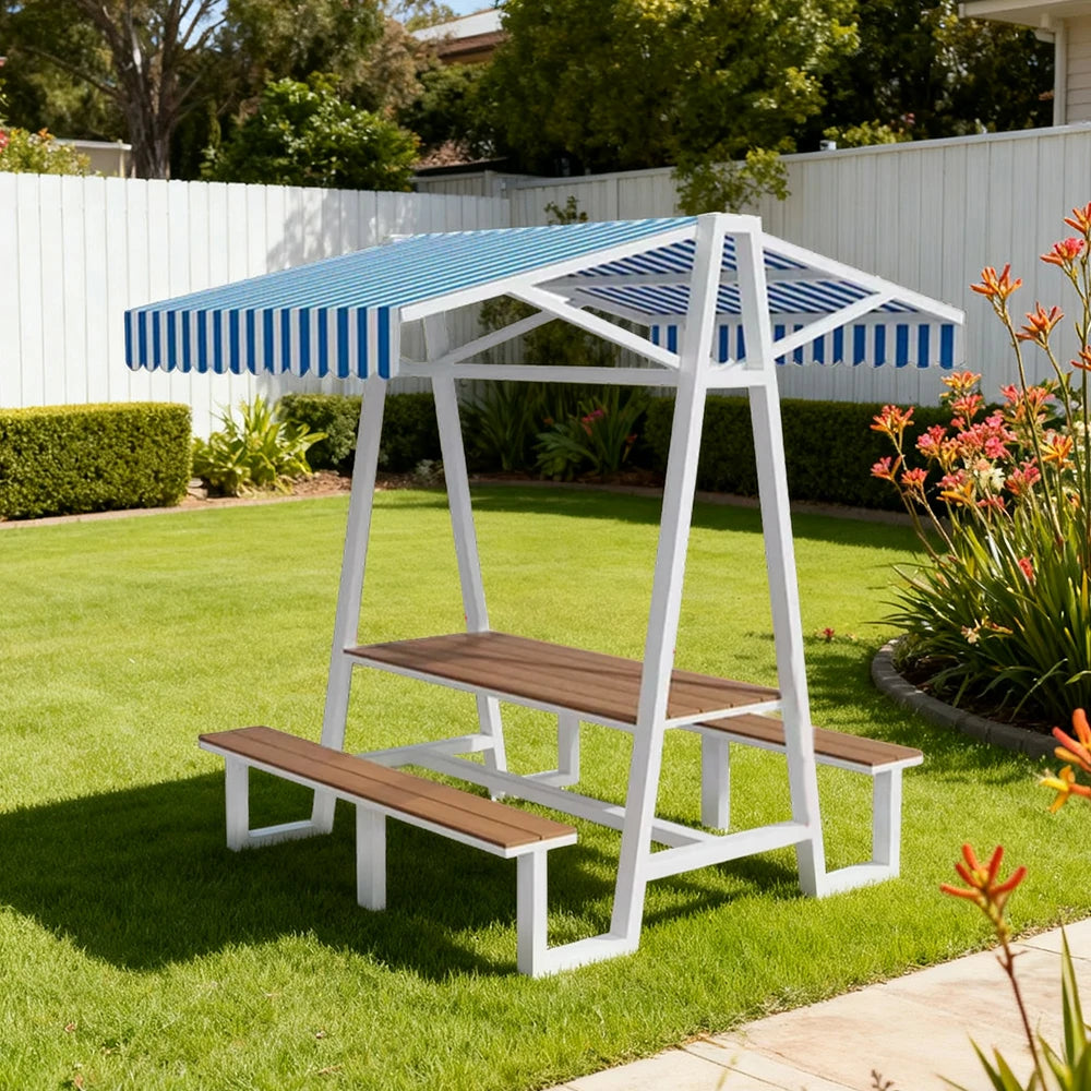 SOLARA Outdoor Canopy Table Set 120/160/200cm Waterproof Sunproof Thick Canopy Metal Frame High-Temp Coated Anti-Rust Stability - White&Blue