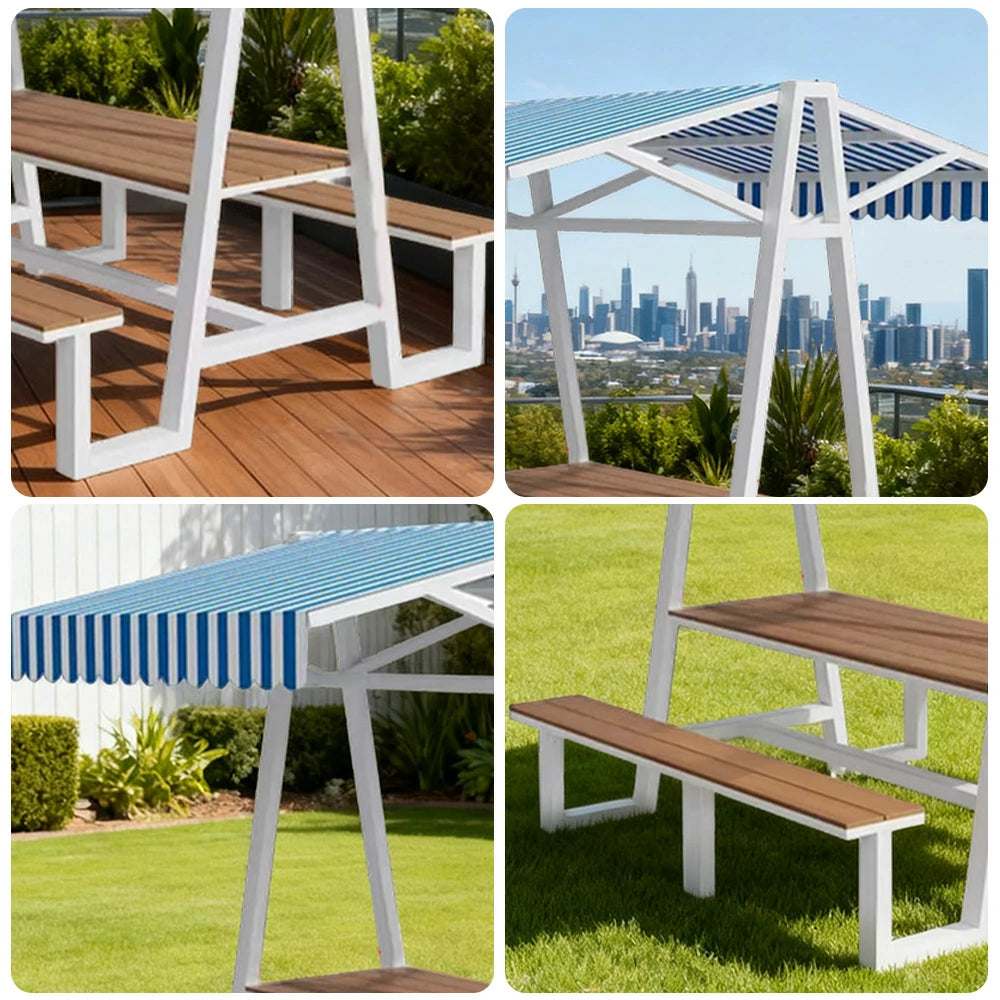 SOLARA Outdoor Canopy Table Set 120/160/200cm Waterproof Sunproof Thick Canopy Metal Frame High-Temp Coated Anti-Rust Stability - White&Blue