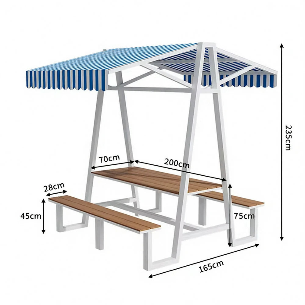 SOLARA Outdoor Canopy Table Set 120/160/200cm Waterproof Sunproof Thick Canopy Metal Frame High-Temp Coated Anti-Rust Stability - White&Blue