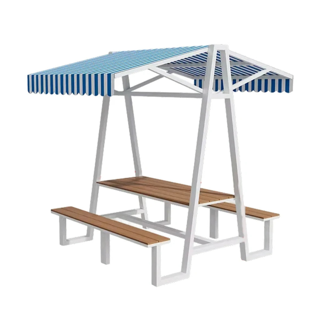 SOLARA Outdoor Canopy Table Set 120/160/200cm Waterproof Sunproof Thick Canopy Metal Frame High-Temp Coated Anti-Rust Stability - White&Blue