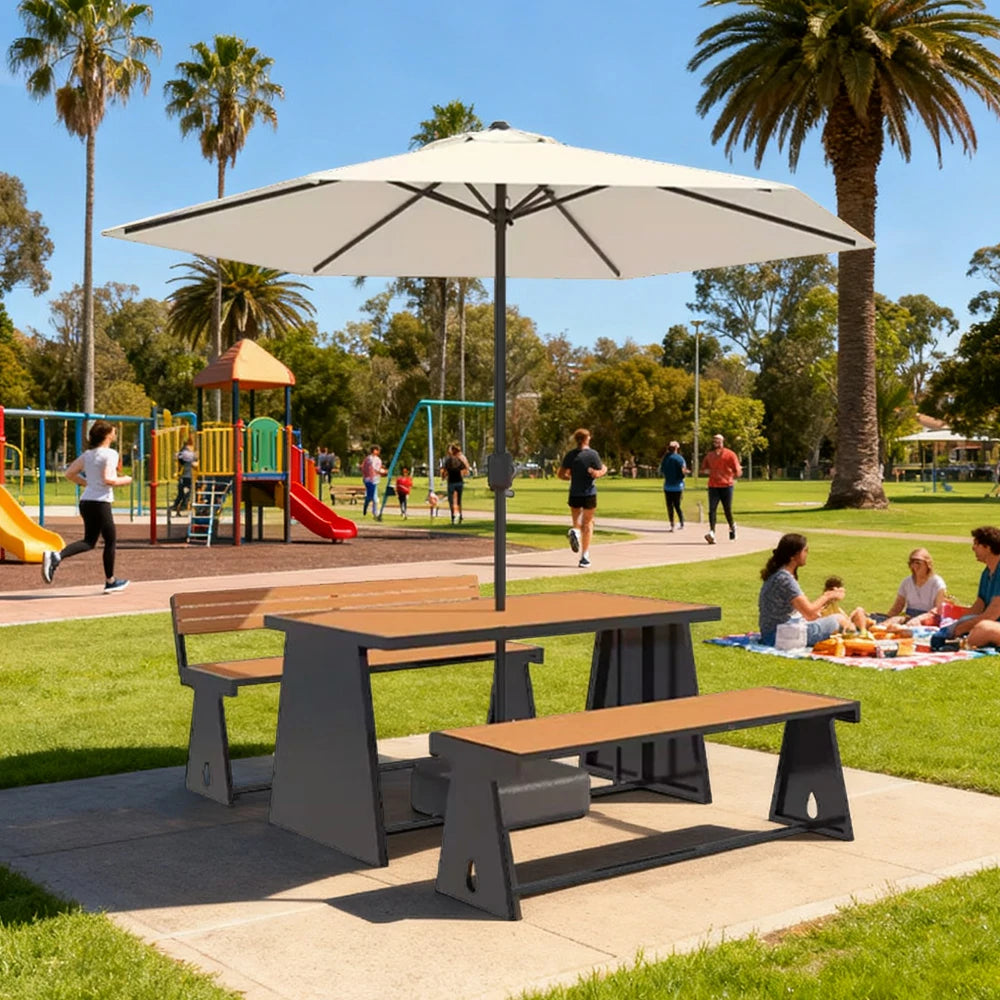 SOLARA Outdoor Table, Chair & Umbrella Set 120/140/160cm A-Frame Support Anti-Rust Iron Structure Smooth Painted Finish Stable Durable Design - Black