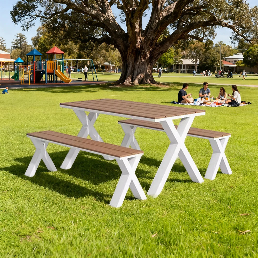 SOLARA Outdoor Table & Chair Set 120/160/200cm Sunproof Waterproof Surface High-Temp Coated Steel Frame Strong Support Anti-Corrosion Design - White