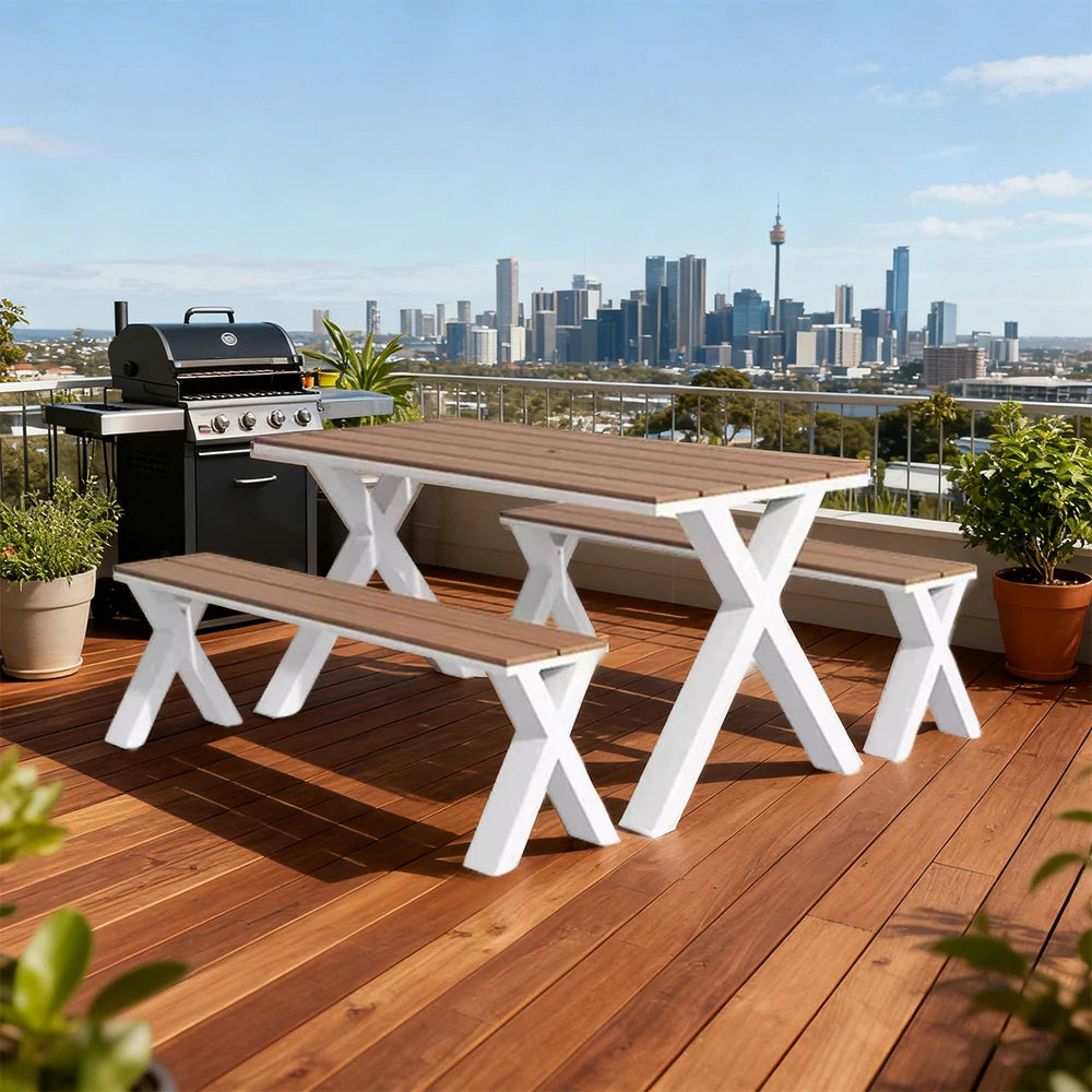 SOLARA Outdoor Table & Chair Set 120/160/200cm Sunproof Waterproof Surface High-Temp Coated Steel Frame Strong Support Anti-Corrosion Design - White