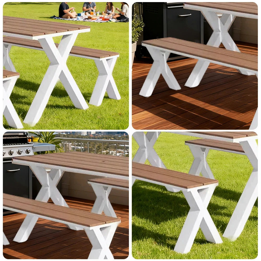 SOLARA Outdoor Table & Chair Set 120/160/200cm Sunproof Waterproof Surface High-Temp Coated Steel Frame Strong Support Anti-Corrosion Design - White