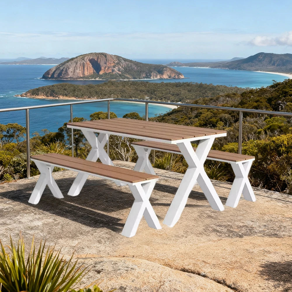 SOLARA Outdoor Table & Chair Set 120/160/200cm Sunproof Waterproof Surface High-Temp Coated Steel Frame Strong Support Anti-Corrosion Design - White