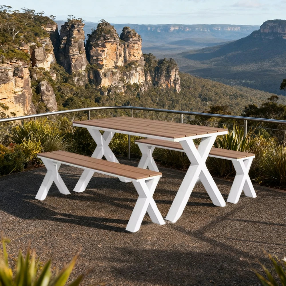 SOLARA Outdoor Table & Chair Set 120/160/200cm Sunproof Waterproof Surface High-Temp Coated Steel Frame Strong Support Anti-Corrosion Design - White