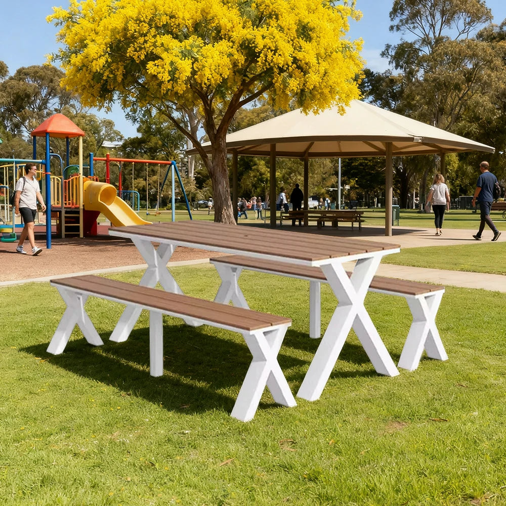 SOLARA Outdoor Table & Chair Set 120/160/200cm Sunproof Waterproof Surface High-Temp Coated Steel Frame Strong Support Anti-Corrosion Design - White