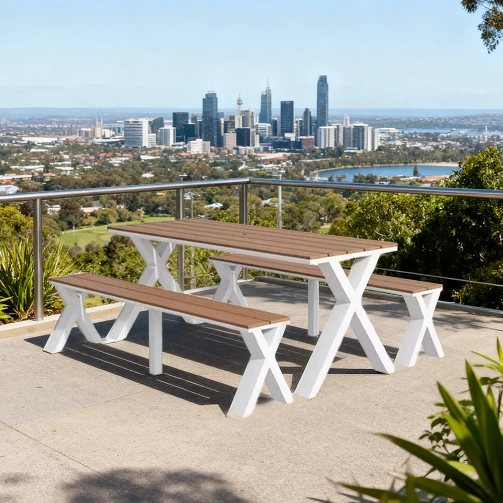 SOLARA Outdoor Table & Chair Set 120/160/200cm Sunproof Waterproof Surface High-Temp Coated Steel Frame Strong Support Anti-Corrosion Design - White