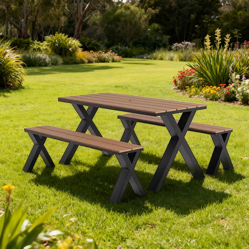 SOLARA Outdoor Table & Chair Set 120/160/200cm Sunproof Waterproof Surface High-Temp Coated Steel Frame Strong Support Anti-Corrosion Design - Black