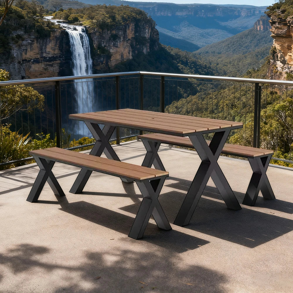 SOLARA Outdoor Table & Chair Set 120/160/200cm Sunproof Waterproof Surface High-Temp Coated Steel Frame Strong Support Anti-Corrosion Design - Black