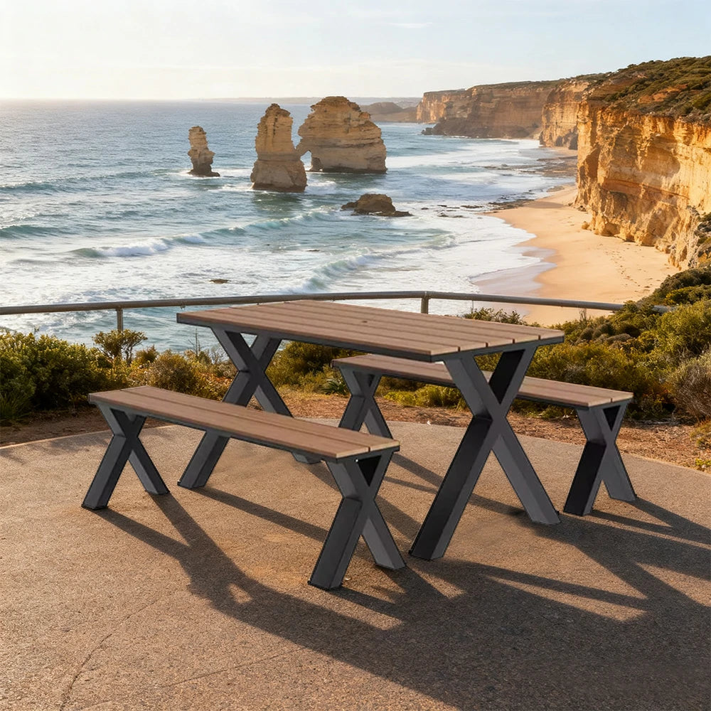 SOLARA Outdoor Table & Chair Set 120/160/200cm Sunproof Waterproof Surface High-Temp Coated Steel Frame Strong Support Anti-Corrosion Design - Black