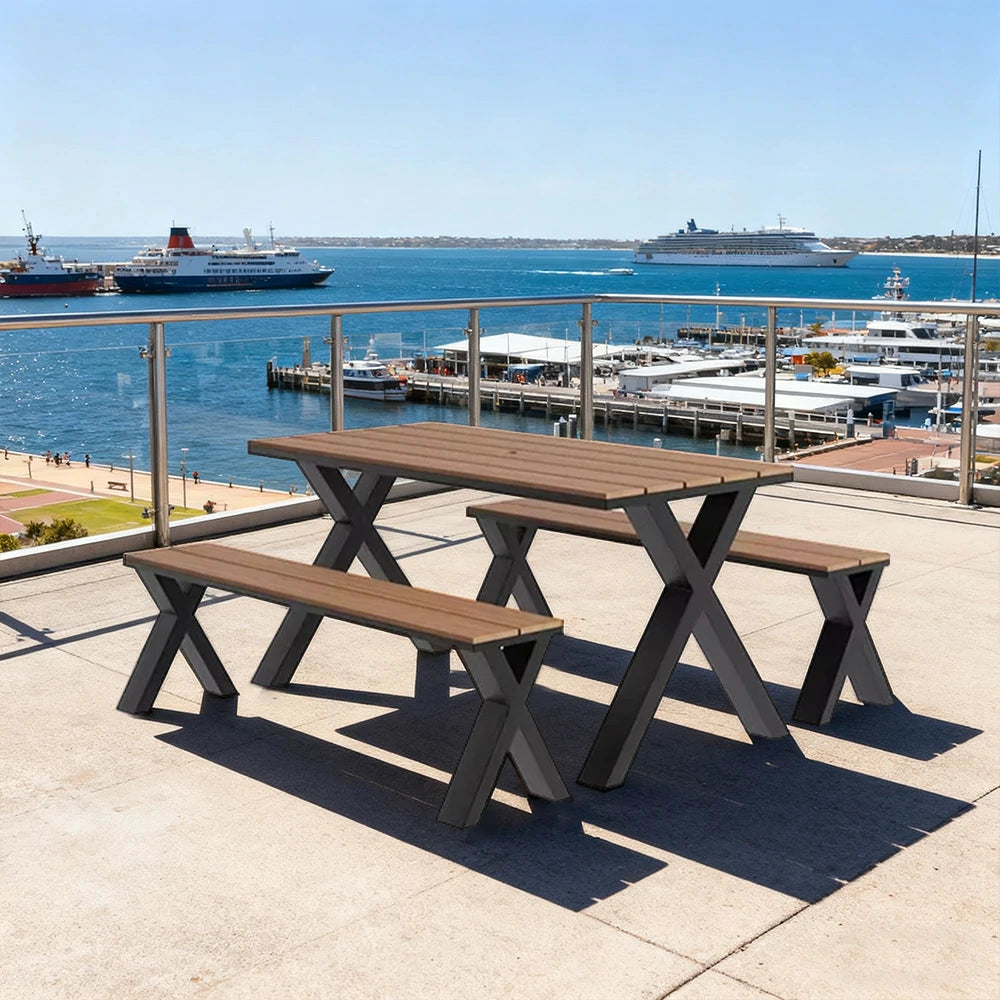 SOLARA Outdoor Table & Chair Set 120/160/200cm Sunproof Waterproof Surface High-Temp Coated Steel Frame Strong Support Anti-Corrosion Design - Black