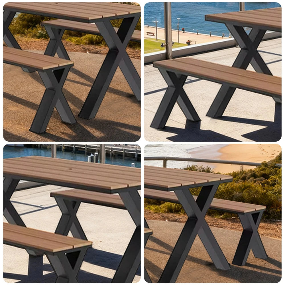 SOLARA Outdoor Table & Chair Set 120/160/200cm Sunproof Waterproof Surface High-Temp Coated Steel Frame Strong Support Anti-Corrosion Design - Black