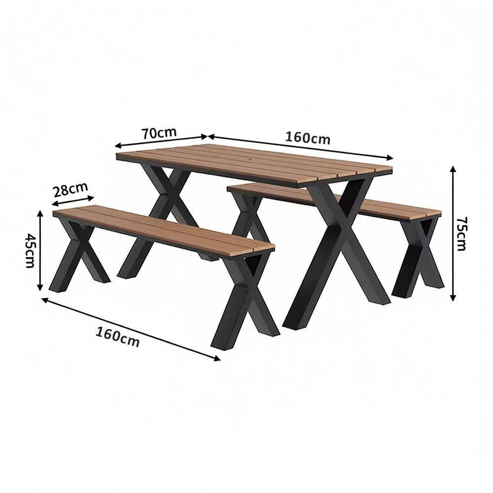 SOLARA Outdoor Table & Chair Set 120/160/200cm Sunproof Waterproof Surface High-Temp Coated Steel Frame Strong Support Anti-Corrosion Design - Black