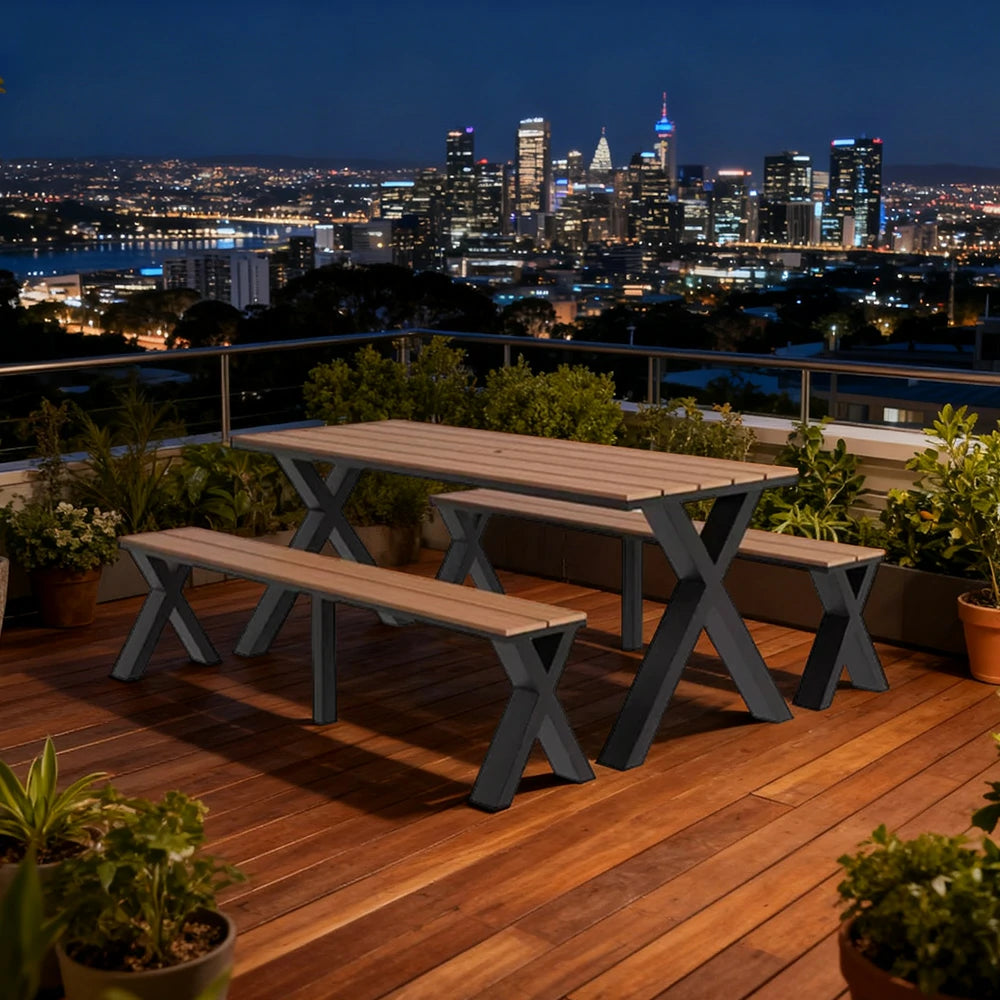 SOLARA Outdoor Table & Chair Set 120/160/200cm Sunproof Waterproof Surface High-Temp Coated Steel Frame Strong Support Anti-Corrosion Design - Black