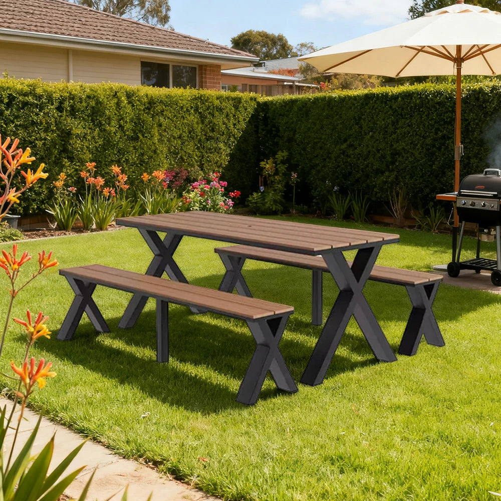 SOLARA Outdoor Table & Chair Set 120/160/200cm Sunproof Waterproof Surface High-Temp Coated Steel Frame Strong Support Anti-Corrosion Design - Black