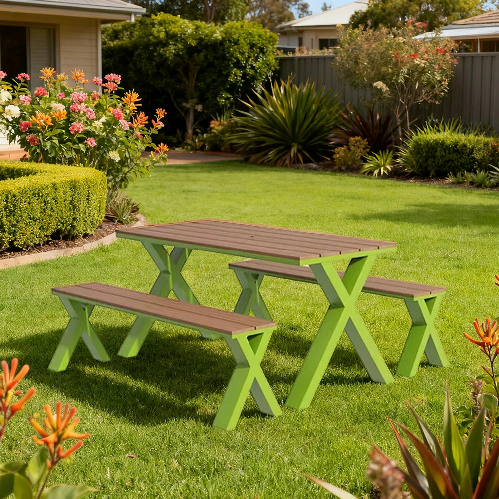 SOLARA Outdoor Table & Chair Set 120/160/200cm Sunproof Waterproof Surface High-Temp Coated Steel Frame Strong Support Anti-Corrosion Design - Green