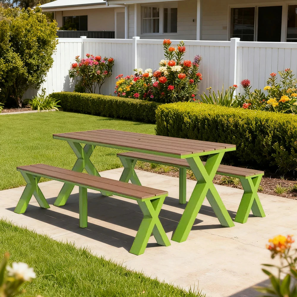 SOLARA Outdoor Table & Chair Set 120/160/200cm Sunproof Waterproof Surface High-Temp Coated Steel Frame Strong Support Anti-Corrosion Design - Green