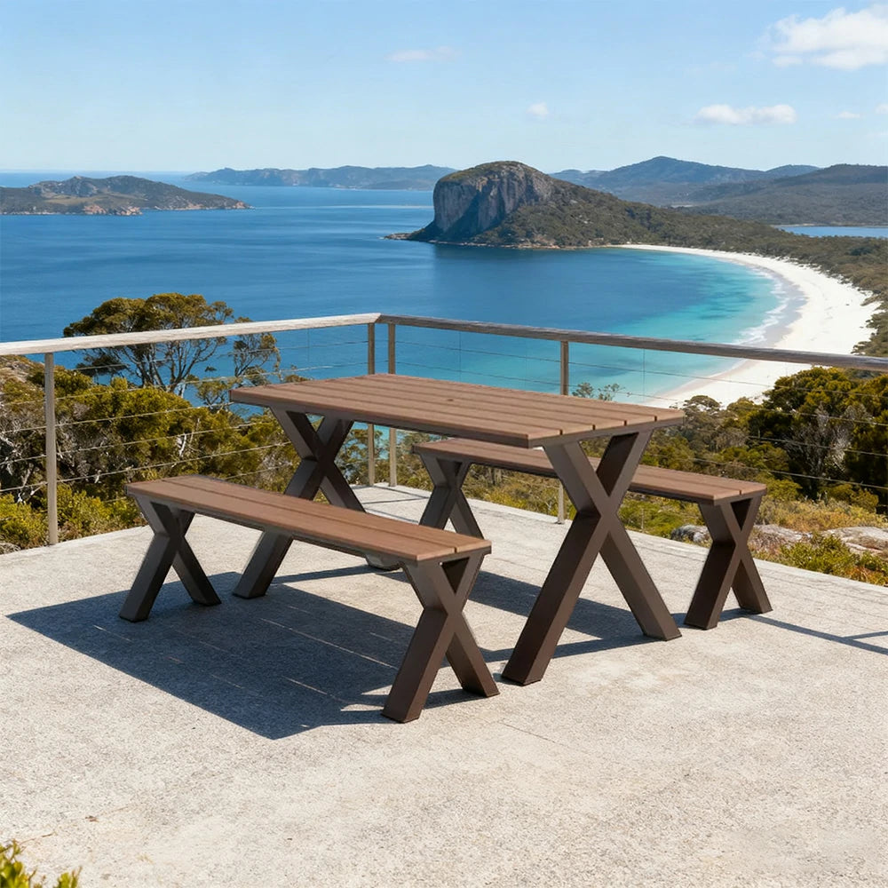 SOLARA Outdoor Table & Chair Set 120/160/200cm Sunproof Waterproof Surface High-Temp Coated Steel Frame Strong Support Anti-Corrosion Design - Brown