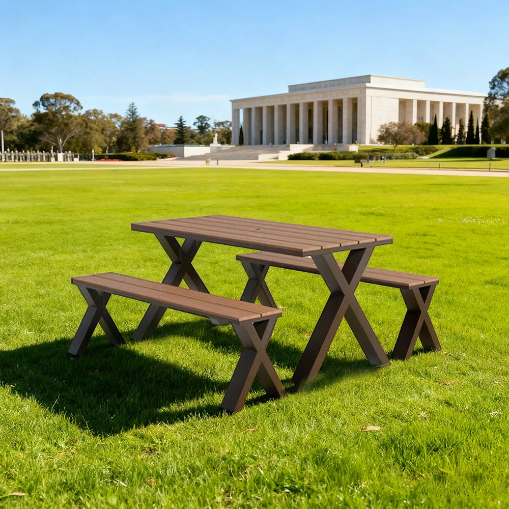 SOLARA Outdoor Table & Chair Set 120/160/200cm Sunproof Waterproof Surface High-Temp Coated Steel Frame Strong Support Anti-Corrosion Design - Brown