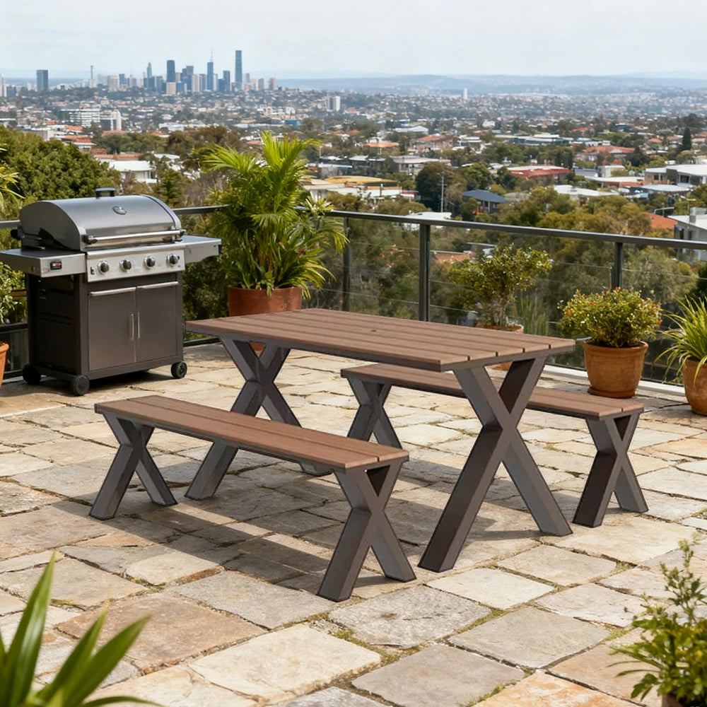 SOLARA Outdoor Table & Chair Set 120/160/200cm Sunproof Waterproof Surface High-Temp Coated Steel Frame Strong Support Anti-Corrosion Design - Brown