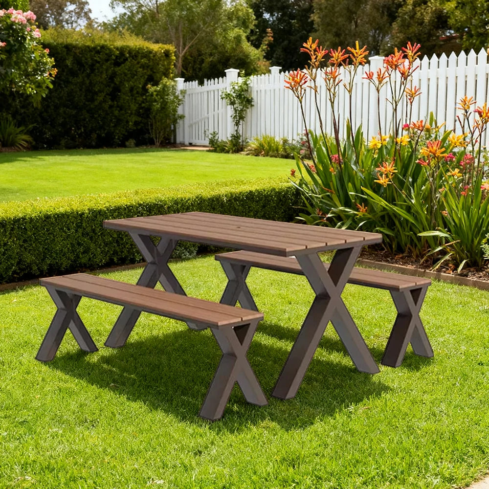 SOLARA Outdoor Table & Chair Set 120/160/200cm Sunproof Waterproof Surface High-Temp Coated Steel Frame Strong Support Anti-Corrosion Design - Brown