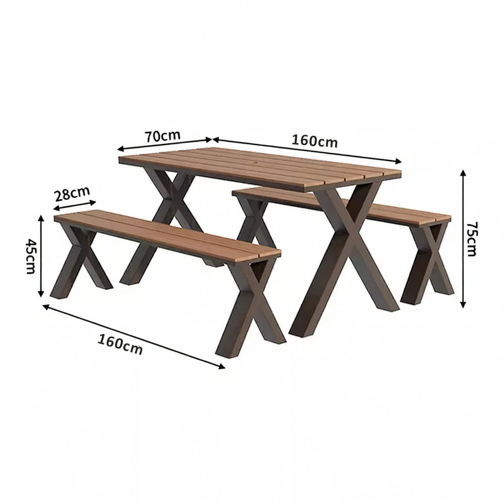 SOLARA Outdoor Table & Chair Set 120/160/200cm Sunproof Waterproof Surface High-Temp Coated Steel Frame Strong Support Anti-Corrosion Design - Brown