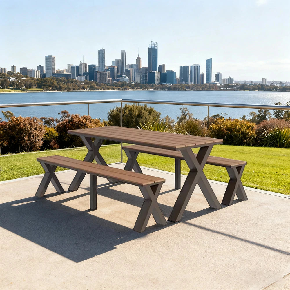 SOLARA Outdoor Table & Chair Set 120/160/200cm Sunproof Waterproof Surface High-Temp Coated Steel Frame Strong Support Anti-Corrosion Design - Brown