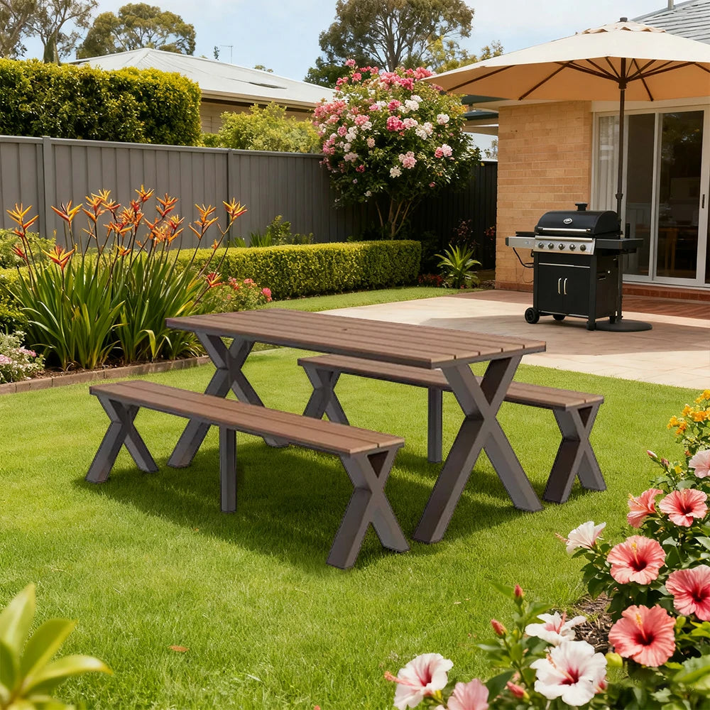 SOLARA Outdoor Table & Chair Set 120/160/200cm Sunproof Waterproof Surface High-Temp Coated Steel Frame Strong Support Anti-Corrosion Design - Brown