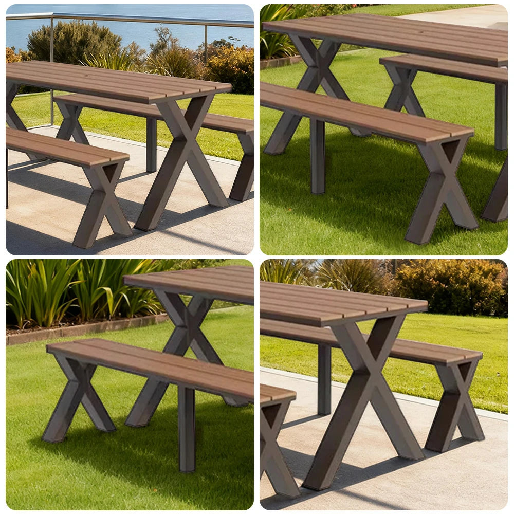 SOLARA Outdoor Table & Chair Set 120/160/200cm Sunproof Waterproof Surface High-Temp Coated Steel Frame Strong Support Anti-Corrosion Design - Brown