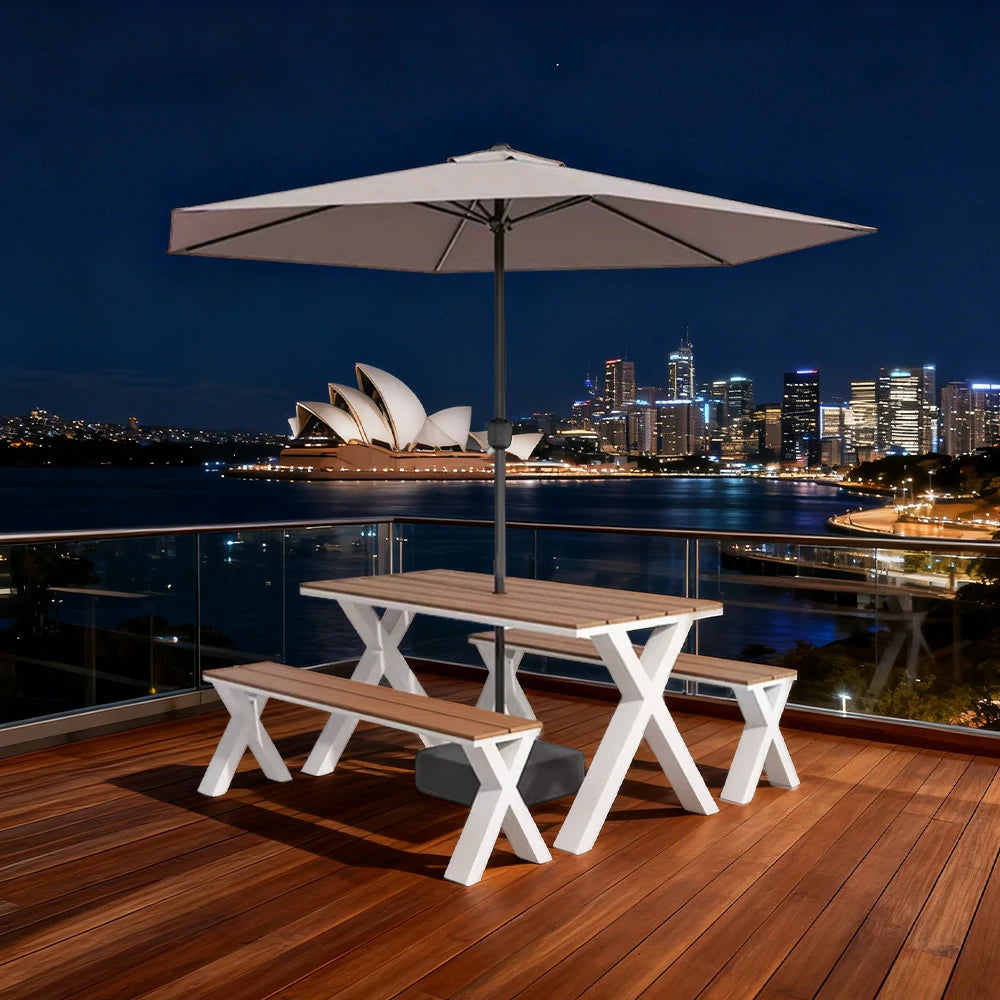 SOLARA Outdoor Table, Chair & Umbrella Set 120/160/200cm Sunproof Waterproof Surface High-Temp Coated Steel Frame Strong Support Anti-Corrosion Design - White