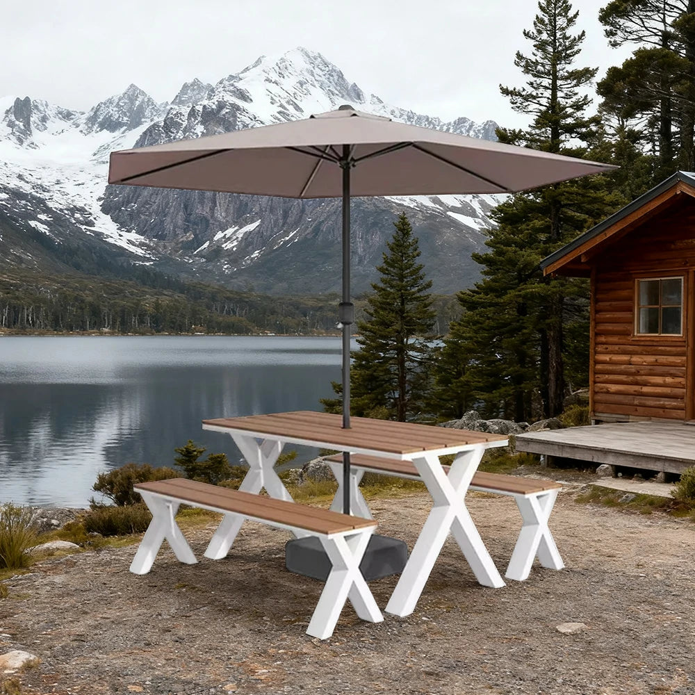 SOLARA Outdoor Table, Chair & Umbrella Set 120/160/200cm Sunproof Waterproof Surface High-Temp Coated Steel Frame Strong Support Anti-Corrosion Design - White