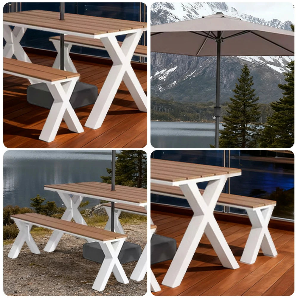 SOLARA Outdoor Table, Chair & Umbrella Set 120/160/200cm Sunproof Waterproof Surface High-Temp Coated Steel Frame Strong Support Anti-Corrosion Design - White