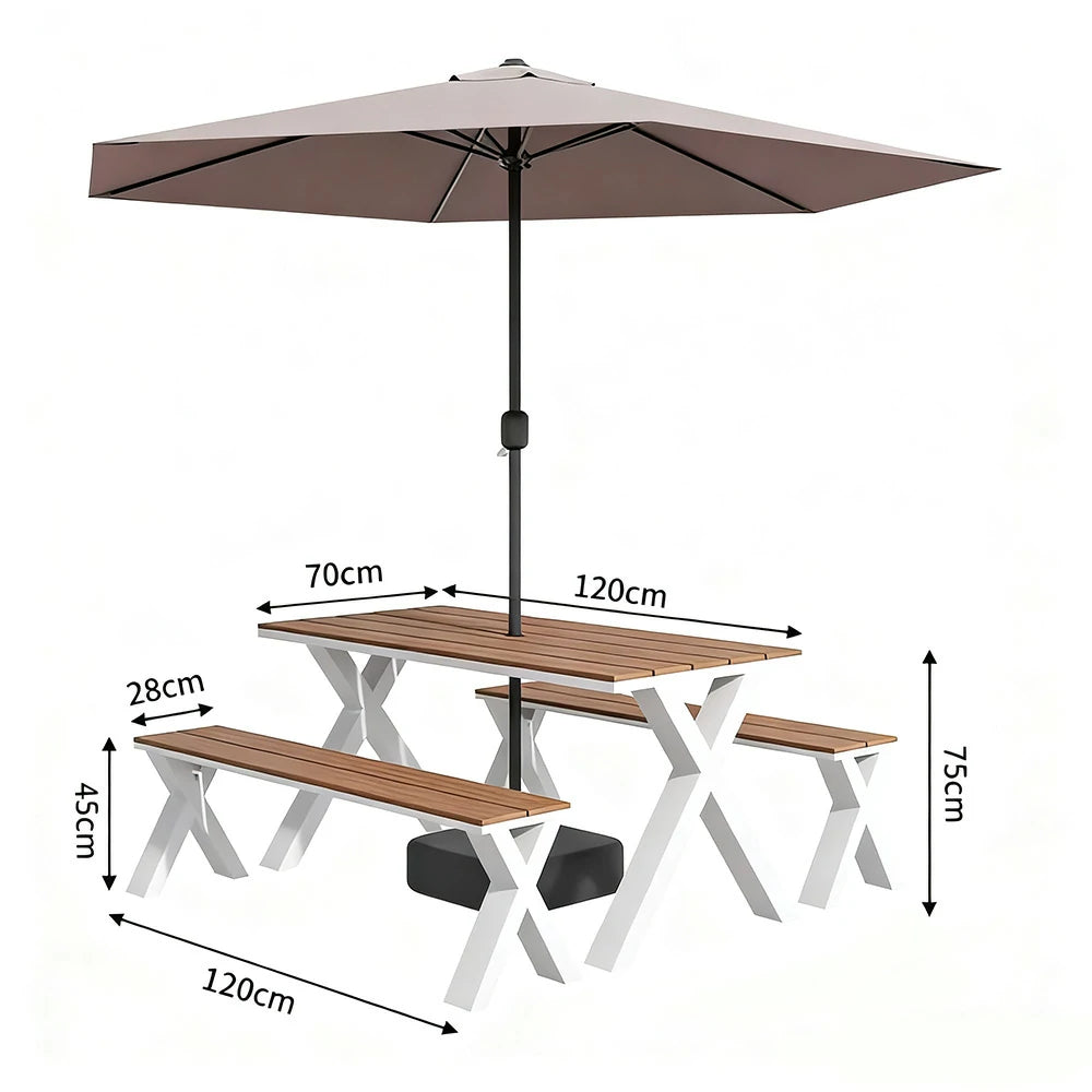 SOLARA Outdoor Table, Chair & Umbrella Set 120/160/200cm Sunproof Waterproof Surface High-Temp Coated Steel Frame Strong Support Anti-Corrosion Design - White
