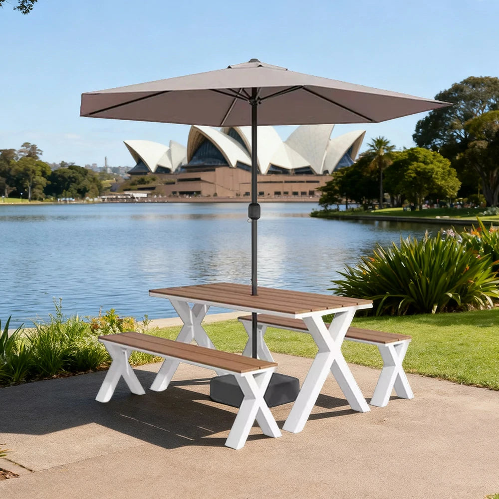 SOLARA Outdoor Table, Chair & Umbrella Set 120/160/200cm Sunproof Waterproof Surface High-Temp Coated Steel Frame Strong Support Anti-Corrosion Design - White
