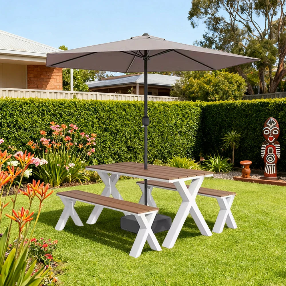 SOLARA Outdoor Table, Chair & Umbrella Set 120/160/200cm Sunproof Waterproof Surface High-Temp Coated Steel Frame Strong Support Anti-Corrosion Design - White