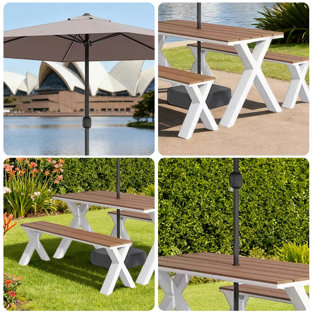 SOLARA Outdoor Table, Chair & Umbrella Set 120/160/200cm Sunproof Waterproof Surface High-Temp Coated Steel Frame Strong Support Anti-Corrosion Design - White