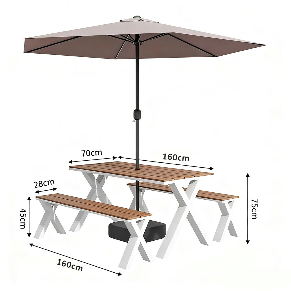 SOLARA Outdoor Table, Chair & Umbrella Set 120/160/200cm Sunproof Waterproof Surface High-Temp Coated Steel Frame Strong Support Anti-Corrosion Design - White