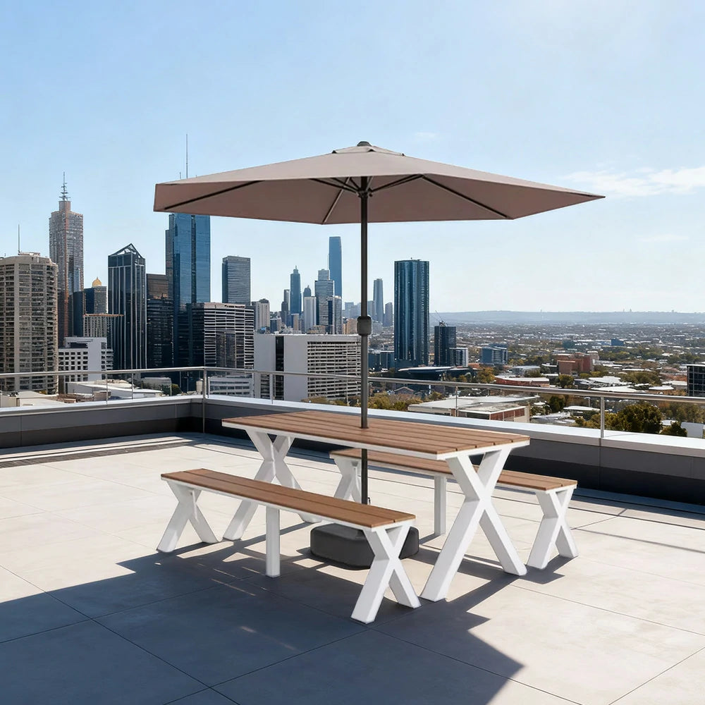 SOLARA Outdoor Table, Chair & Umbrella Set 120/160/200cm Sunproof Waterproof Surface High-Temp Coated Steel Frame Strong Support Anti-Corrosion Design - White