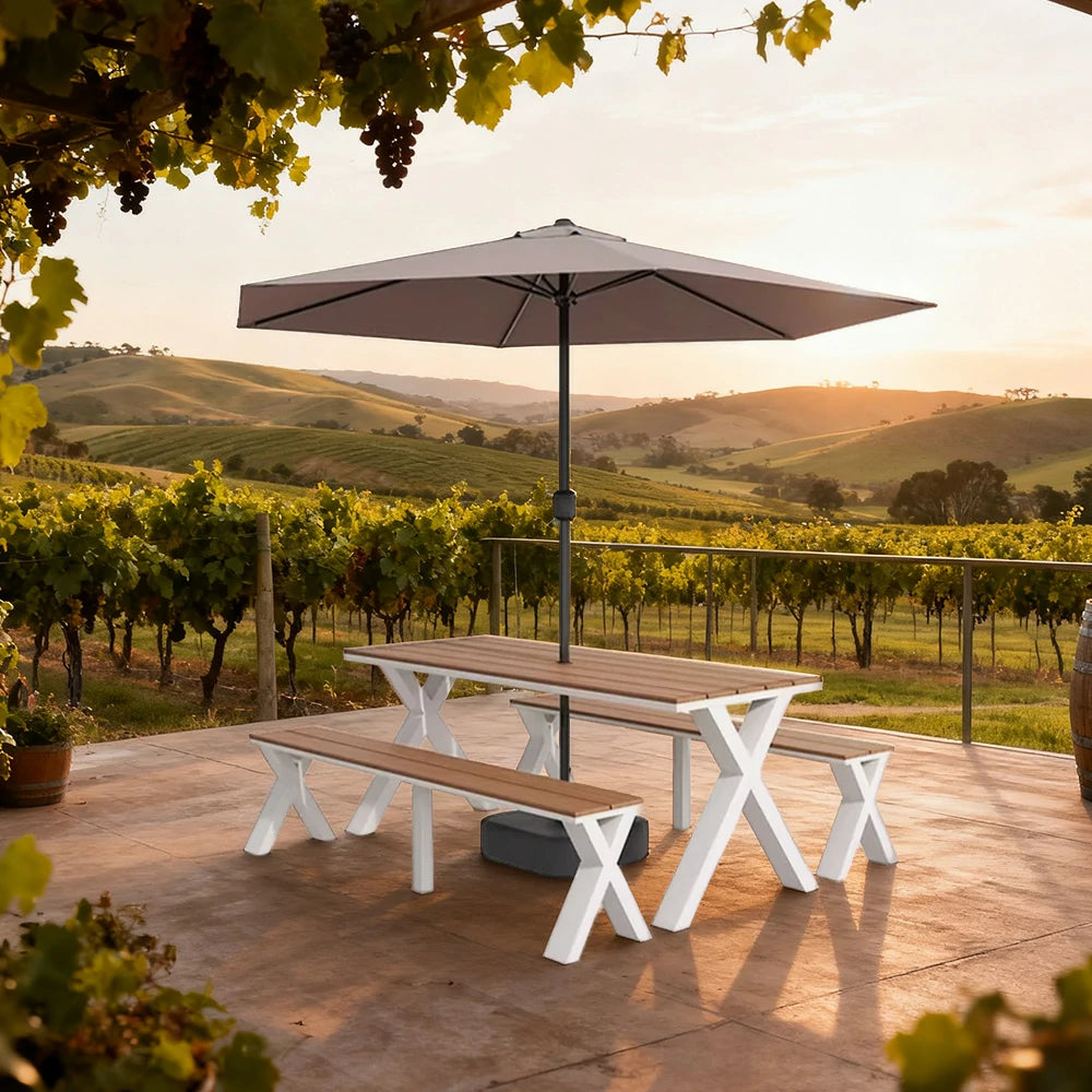 SOLARA Outdoor Table, Chair & Umbrella Set 120/160/200cm Sunproof Waterproof Surface High-Temp Coated Steel Frame Strong Support Anti-Corrosion Design - White