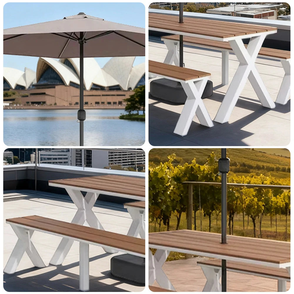 SOLARA Outdoor Table, Chair & Umbrella Set 120/160/200cm Sunproof Waterproof Surface High-Temp Coated Steel Frame Strong Support Anti-Corrosion Design - White